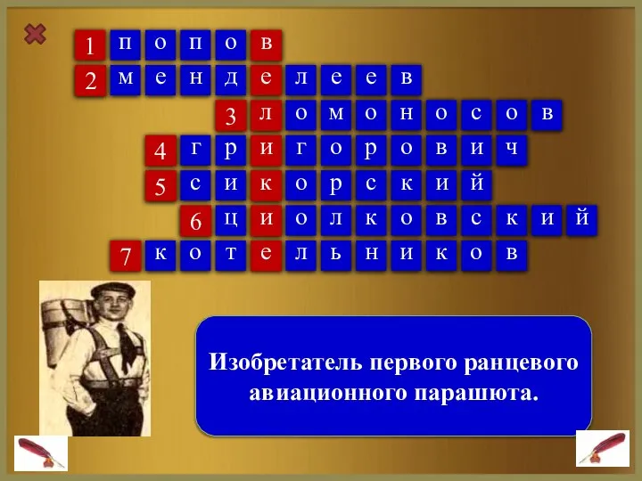 1 Изобретатель первого ранцевого авиационного парашюта. 2 3 6 4 7 5