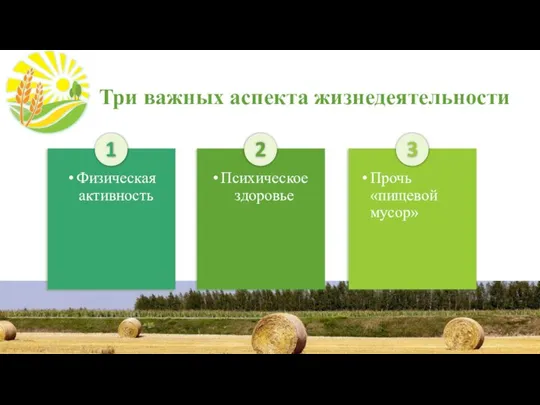 Три важных аспекта жизнедеятельности 1 Психическое здоровье 2 Прочь «пищевой мусор» 3 Физическая активность