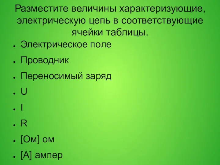 Разместите величины характеризующие, электрическую цепь в соответствующие ячейки таблицы. Электрическое поле