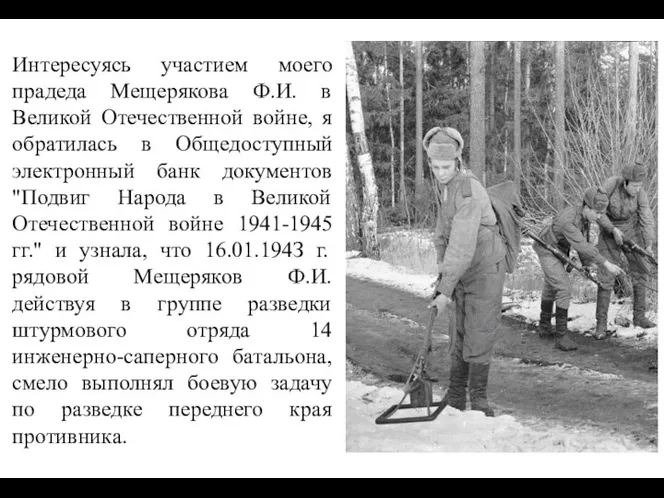 Интересуясь участием моего прадеда Мещерякова Ф.И. в Великой Отечественной войне, я