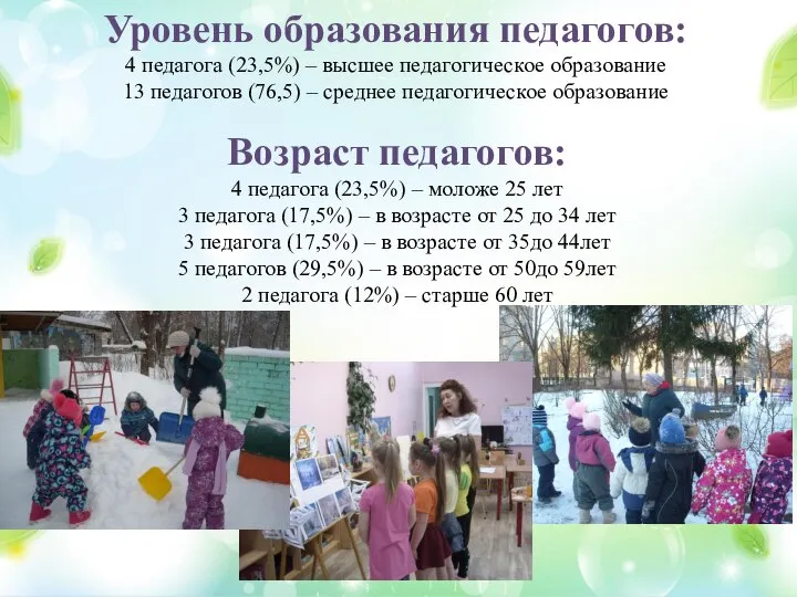 Возраст педагогов: 4 педагога (23,5%) – моложе 25 лет 3 педагога