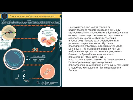 Данный метод был использован для редактирования генома человека в 2015 году