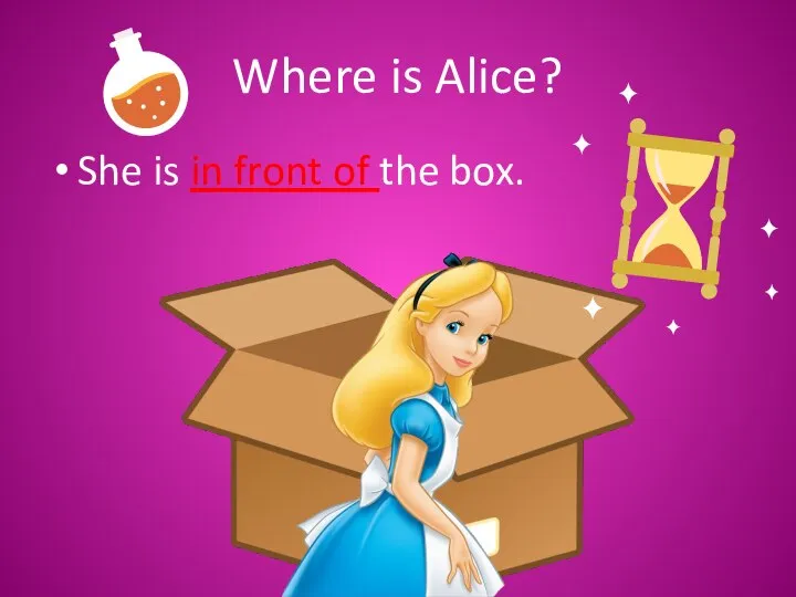 Where is Alice? She is in front of the box.