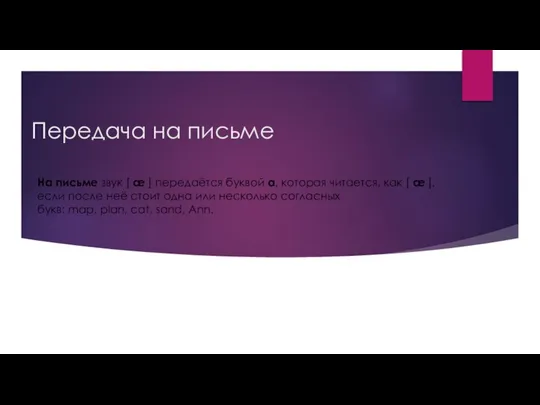 Передача на письме На письме звук [ æ ] передаётся буквой