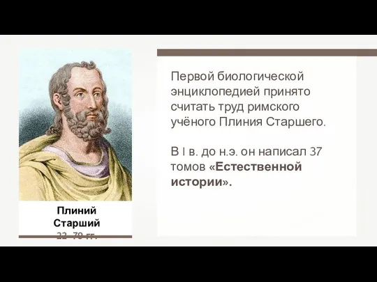 Плиний Старший 22–79 гг. Первой биологической энциклопедией принято считать труд римского