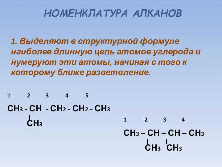 НОМЕНКЛАТУРА АЛКАНОВ 1. Выделяют в структурной формуле наиболее длинную цепь атомов