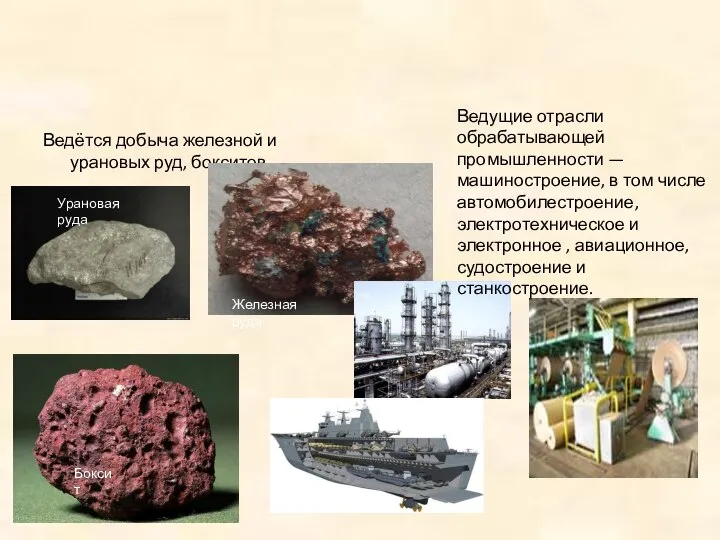 Промышленность Ведётся добыча железной и урановых руд, бокситов. Ведущие отрасли обрабатывающей