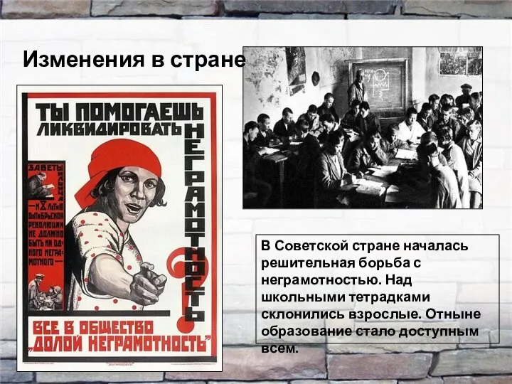 Изменения в стране В Советской стране началась решительная борьба с неграмотностью.