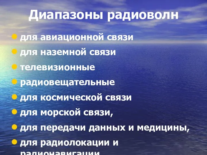 Диапазоны радиоволн для авиационной связи для наземной связи телевизионные радиовещательные для