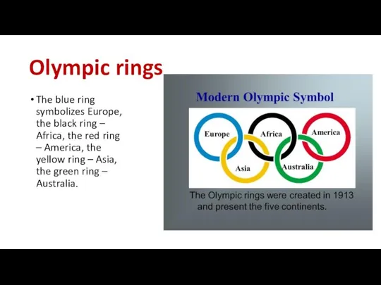 Olympic rings The blue ring symbolizes Europe, the black ring –