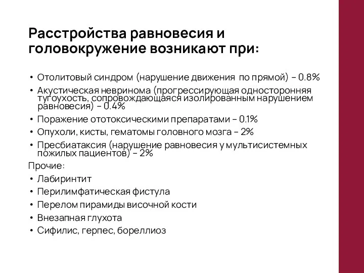 Расстройства равновесия и головокружение возникают при: Отолитовый синдром (нарушение движения по