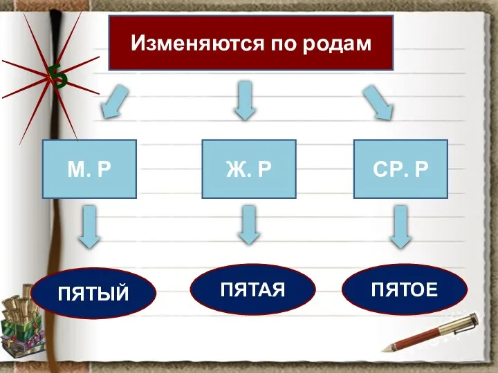 Изменяются по родам М. Р Ж. Р СР. Р ПЯТЫЙ ПЯТАЯ ПЯТОЕ 5