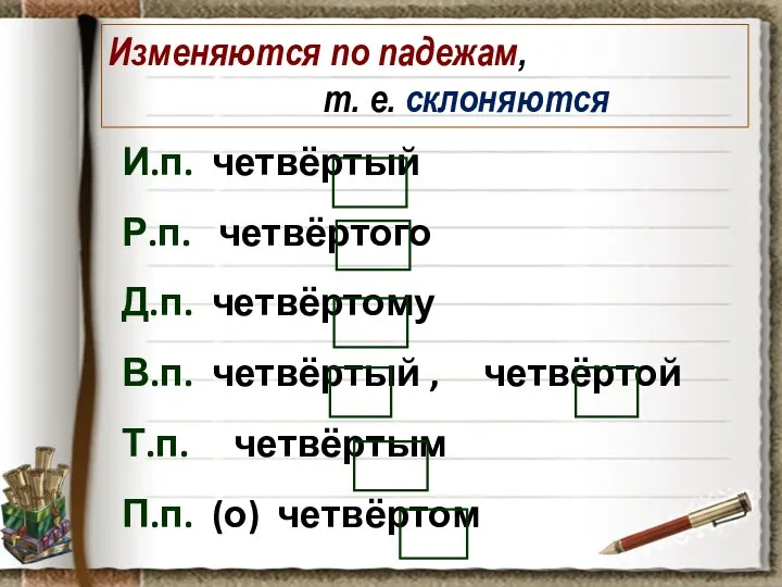 И.п. четвёртый Р.п. четвёртого Д.п. четвёртому В.п. четвёртый , четвёртой Т.п.