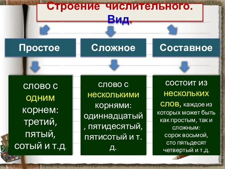 Строение числительного. Вид. Простое Сложное Составное слово с одним корнем: третий,