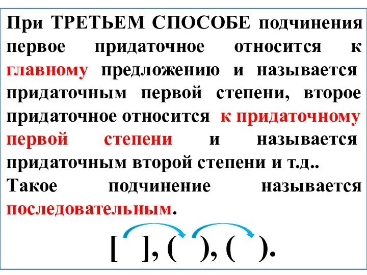 При ТРЕТЬЕМ СПОСОБЕ подчинения первое придаточное относится к главному предложению и