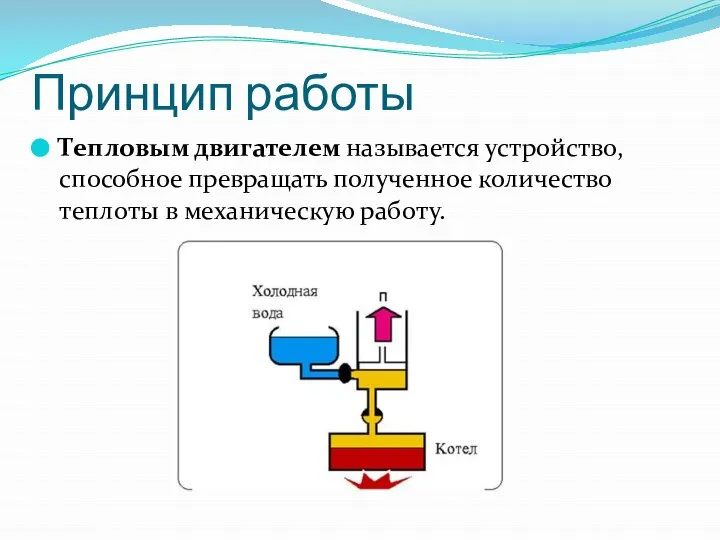 Принцип работы Тепловым двигателем называется устройство, способное превращать полученное количество теплоты в механическую работу.