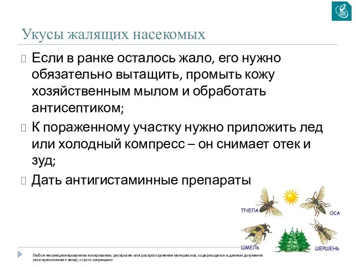 Укусы жалящих насекомых Если в ранке осталось жало, его нужно обязательно