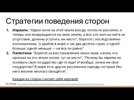 Стратегии поведения сторон Израиль: "Евреи жили на этой земле всегда, потом