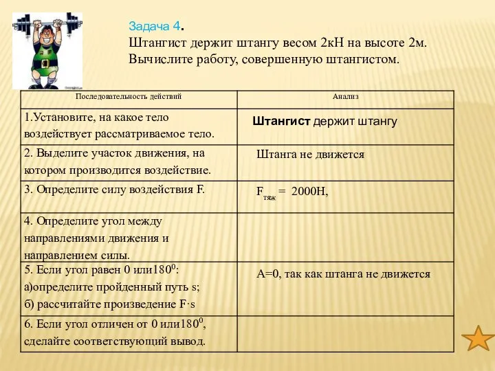 Задача 4. Штангист держит штангу весом 2кН на высоте 2м. Вычислите