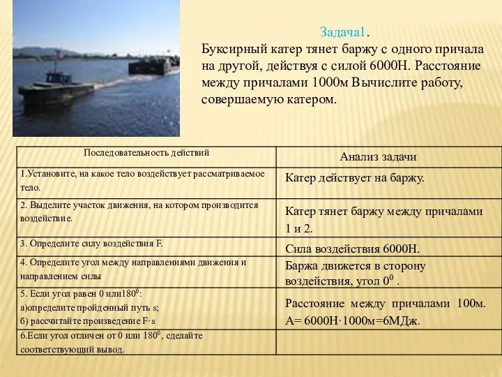 Задача1. Буксирный катер тянет баржу с одного причала на другой, действуя