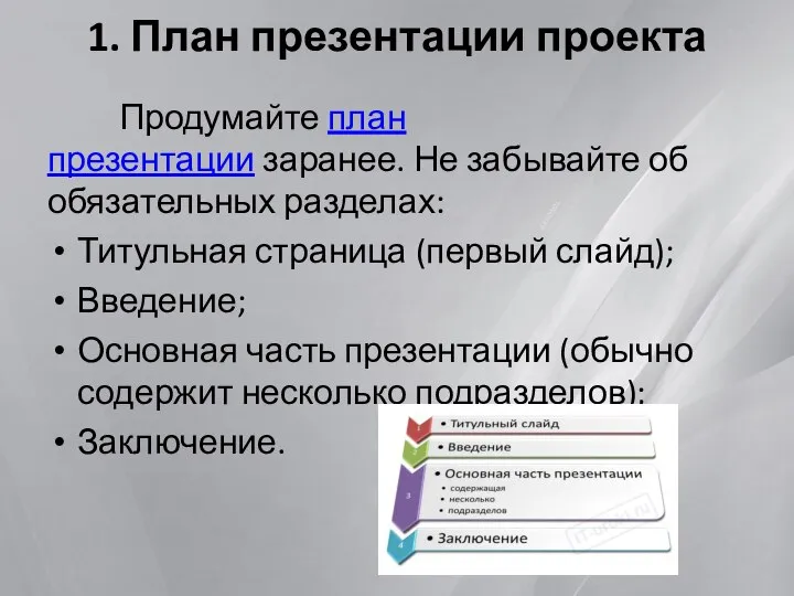 1. План презентации проекта Продумайте план презентации заранее. Не забывайте об