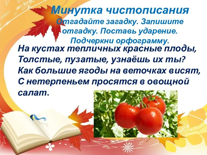 Минутка чистописания Отгадайте загадку. Запишите отгадку. Поставь ударение. Подчеркни орфограмму. На