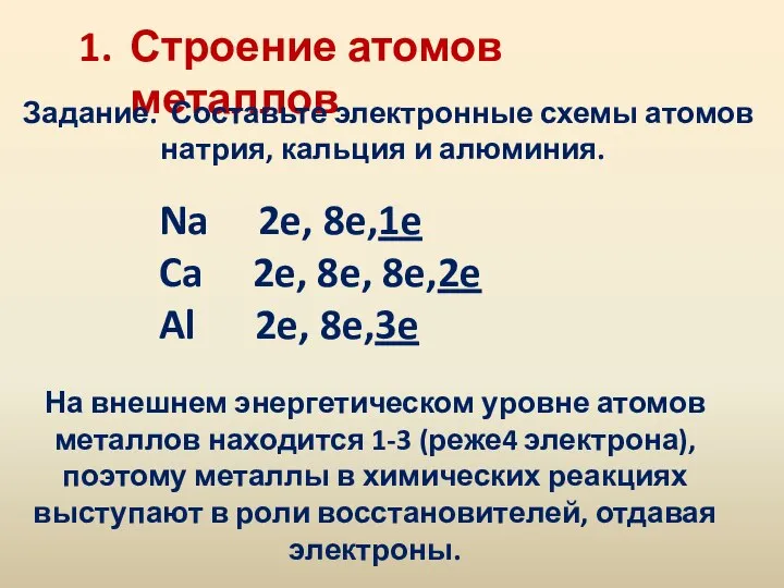 Строение атомов металлов Задание. Составьте электронные схемы атомов натрия, кальция и