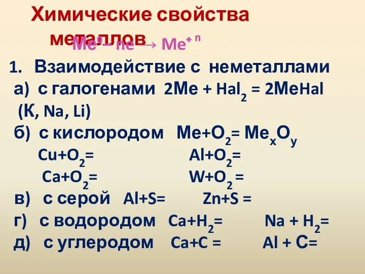 Химические свойства металлов Ме⁰– ne → Me⁺ n Взаимодействие с неметаллами