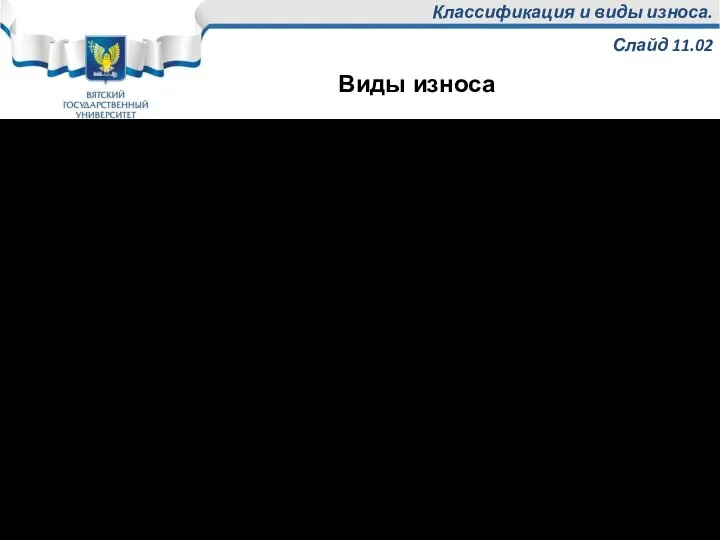 Классификация и виды износа. Слайд 11.02 Износ – результат изнашивания деталей