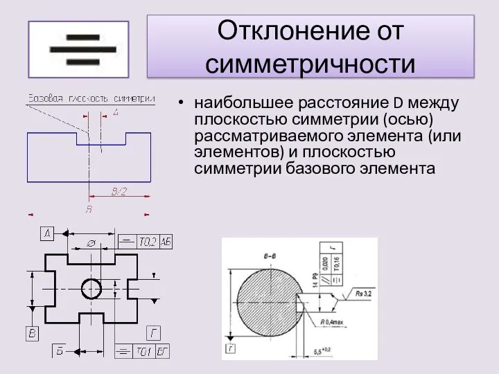 Отклонение от симметричности наибольшее расстояние D между плоскостью симметрии (осью) рассматриваемого