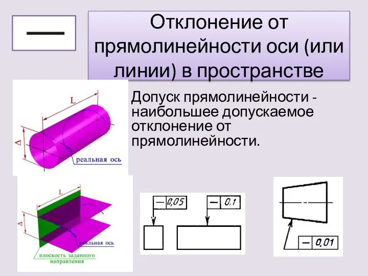 Отклонение от прямолинейности оси (или линии) в пространстве Допуск прямолинейности - наибольшее допускаемое отклонение от прямолинейности.