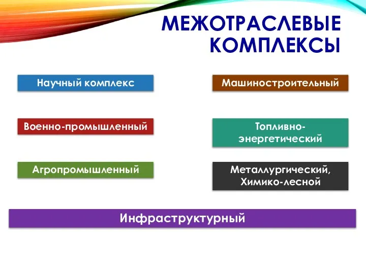 МЕЖОТРАСЛЕВЫЕ КОМПЛЕКСЫ Научный комплекс Машиностроительный Военно-промышленный Топливно-энергетический Агропромышленный Металлургический, Химико-лесной Инфраструктурный