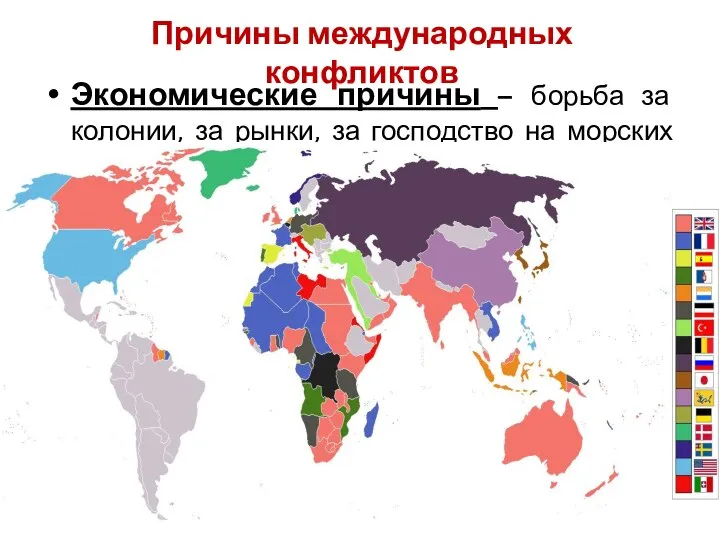 Причины международных конфликтов Экономические причины – борьба за колонии, за рынки,