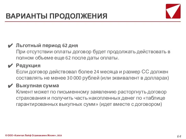 ВАРИАНТЫ ПРОДОЛЖЕНИЯ Льготный период 62 дня При отсутствии оплаты договор будет