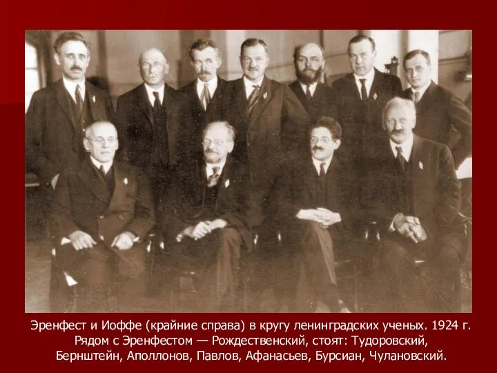 Эренфест и Иоффе (крайние справа) в кругу ленинградских ученых. 1924 г.