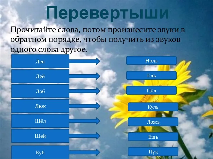 . Перевертыши Прочитайте слова, потом произнесите звуки в обратном порядке, чтобы