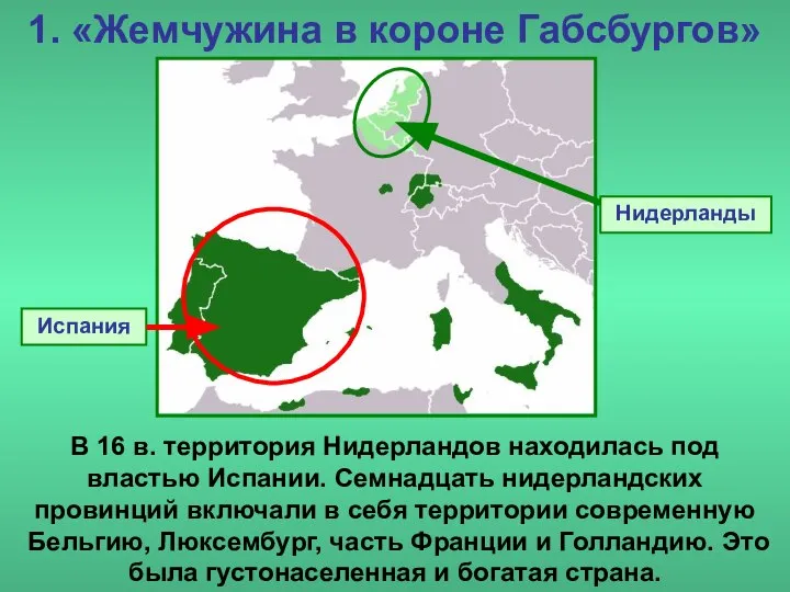 1. «Жемчужина в короне Габсбургов» Нидерланды В 16 в. территория Нидерландов