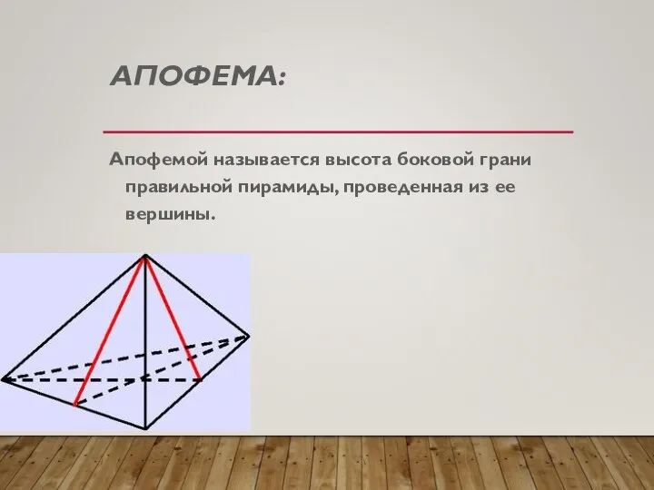 АПОФЕМА: Апофемой называется высота боковой грани правильной пирамиды, проведенная из ее вершины.