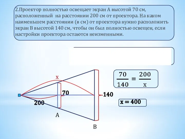 2.Проектор полностью освещает экран А высотой 70 см, расположенный на расстоянии