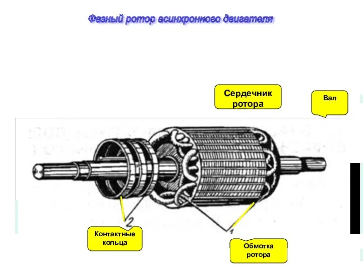 Устройство фазного ротора а Вал Сердечник ротора Обмотка ротора Контактные кольца Фазный ротор асинхронного двигателя