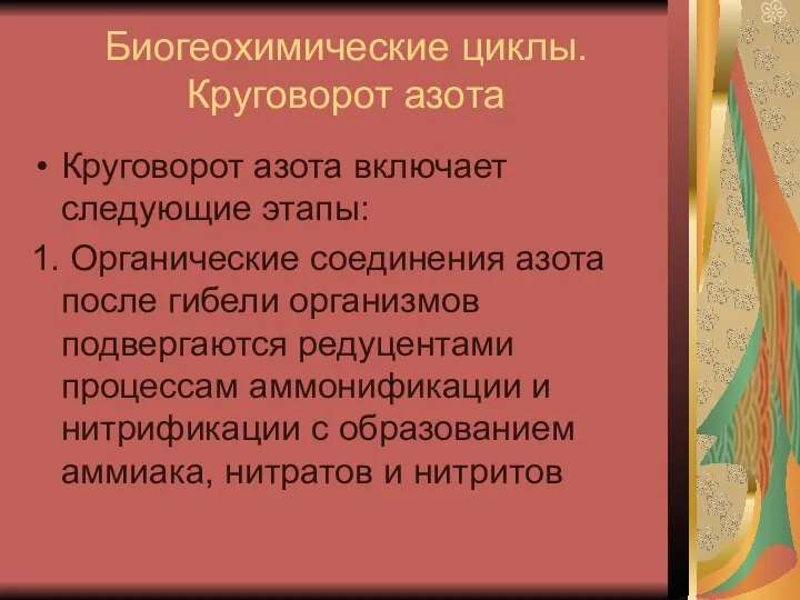 Биогеохимические циклы. Круговорот азота Круговорот азота включает следующие этапы: 1. Органические