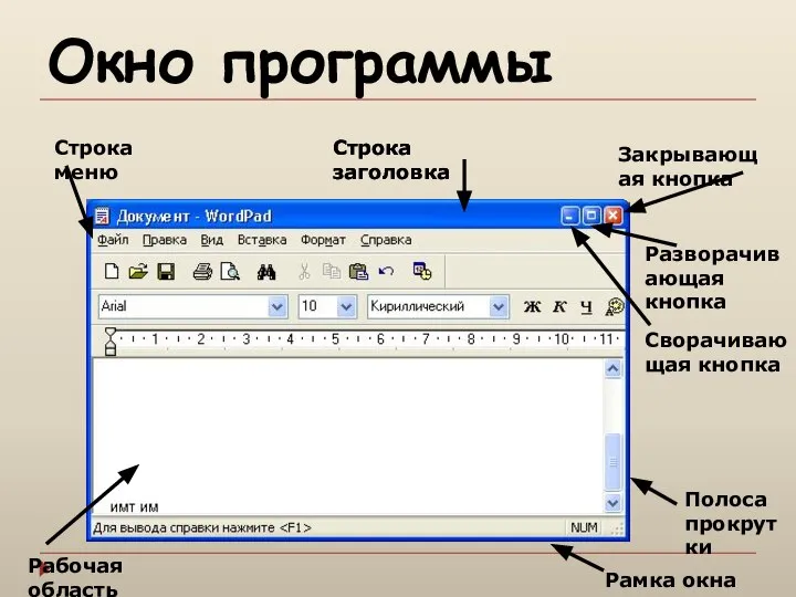 Окно программы Строка меню Рабочая область Рамка окна Полоса прокрутки Строка