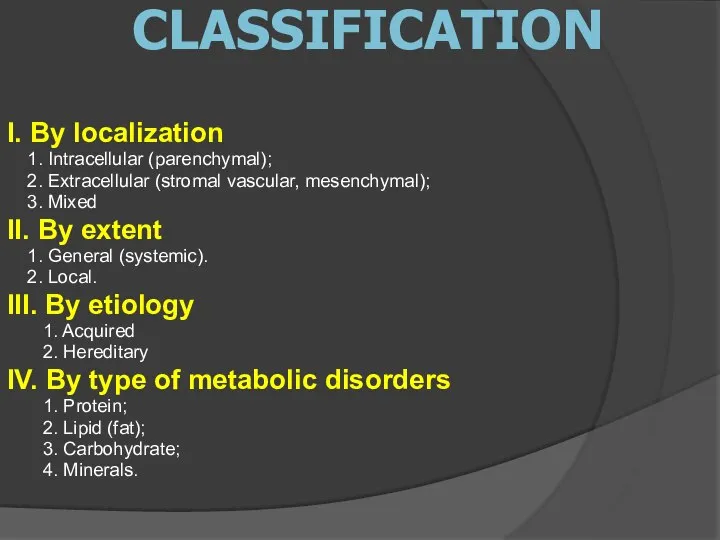 I. By localization 1. Intracellular (parenchymal); 2. Extracellular (stromal vascular, mesenchymal);