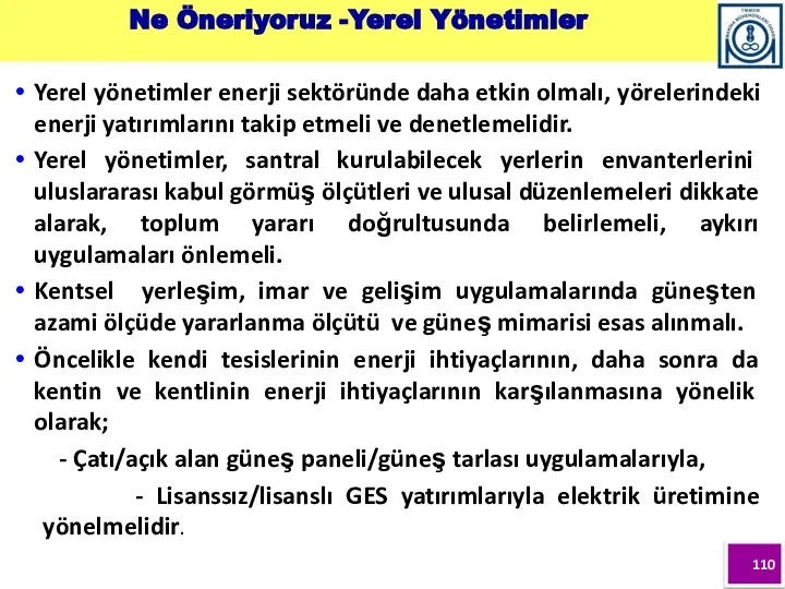 Ne Öneriyoruz -Yerel Yönetimler Yerel yönetimler enerji sektöründe daha etkin olmalı,