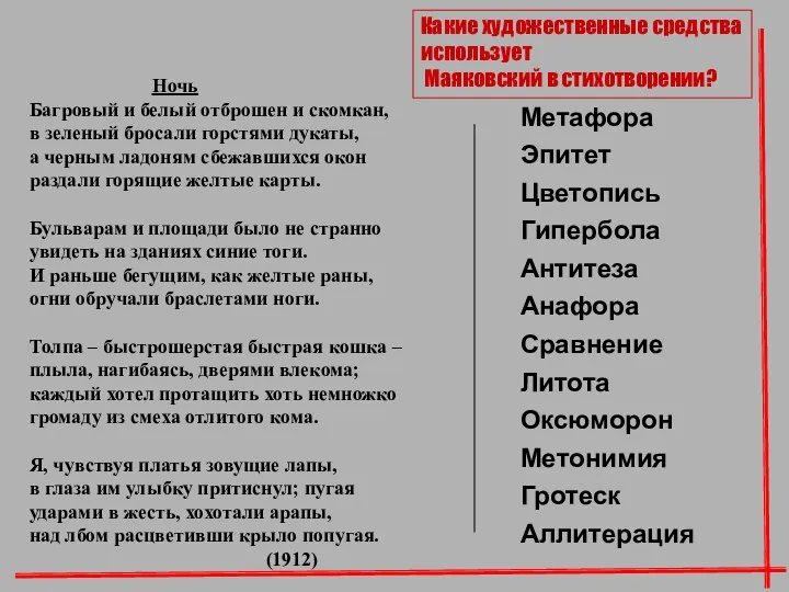 Ночь Багровый и белый отброшен и скомкан, в зеленый бросали горстями