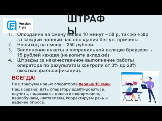 ВСЕГДА! Не штрафуем новых операторов первые 10 смен. Наша задача: дать