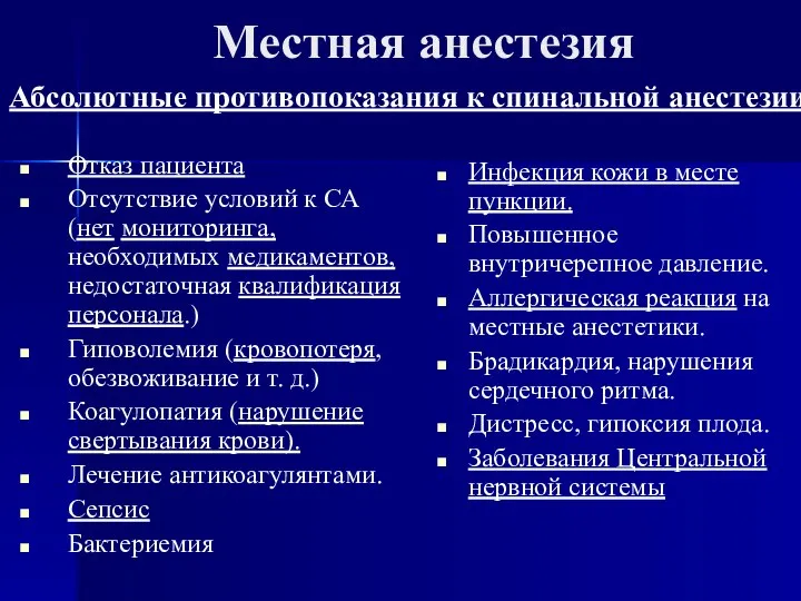 Местная анестезия Отказ пациента Отсутствие условий к СА (нет мониторинга, необходимых