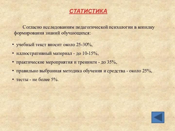 СТАТИСТИКА Согласно исследованиям педагогической психологии в копилку формирования знаний обучающихся: учебный