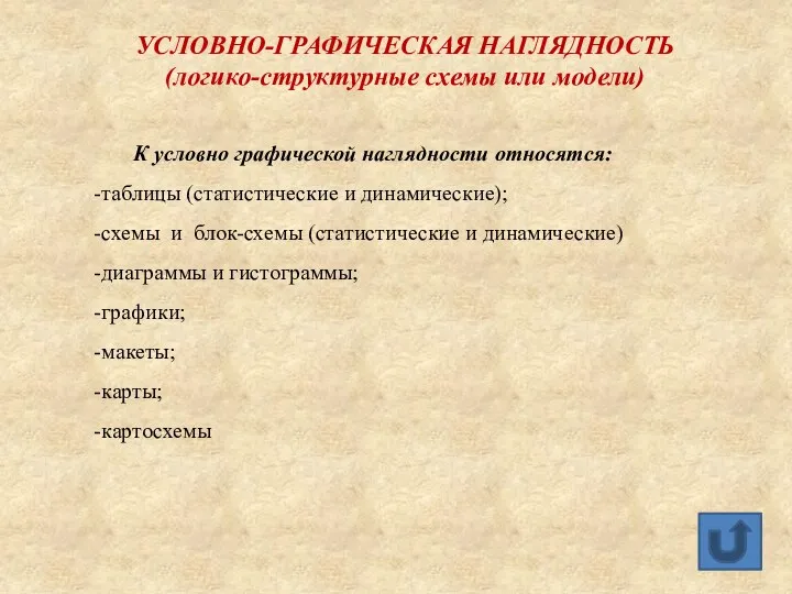 УСЛОВНО-ГРАФИЧЕСКАЯ НАГЛЯДНОСТЬ (логико-структурные схемы или модели) К условно графической наглядности относятся: