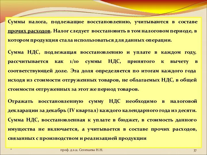 Суммы налога, подлежащие восстановлению, учитываются в составе прочих расходов. Налог следует